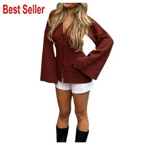 V-Neck Button Down Cardigan Long Bell Sleeve Cinched Waist Elegant Fall Sweater